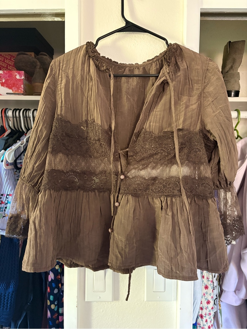 Women's Brown Lace-Trim Boho Peasant Top